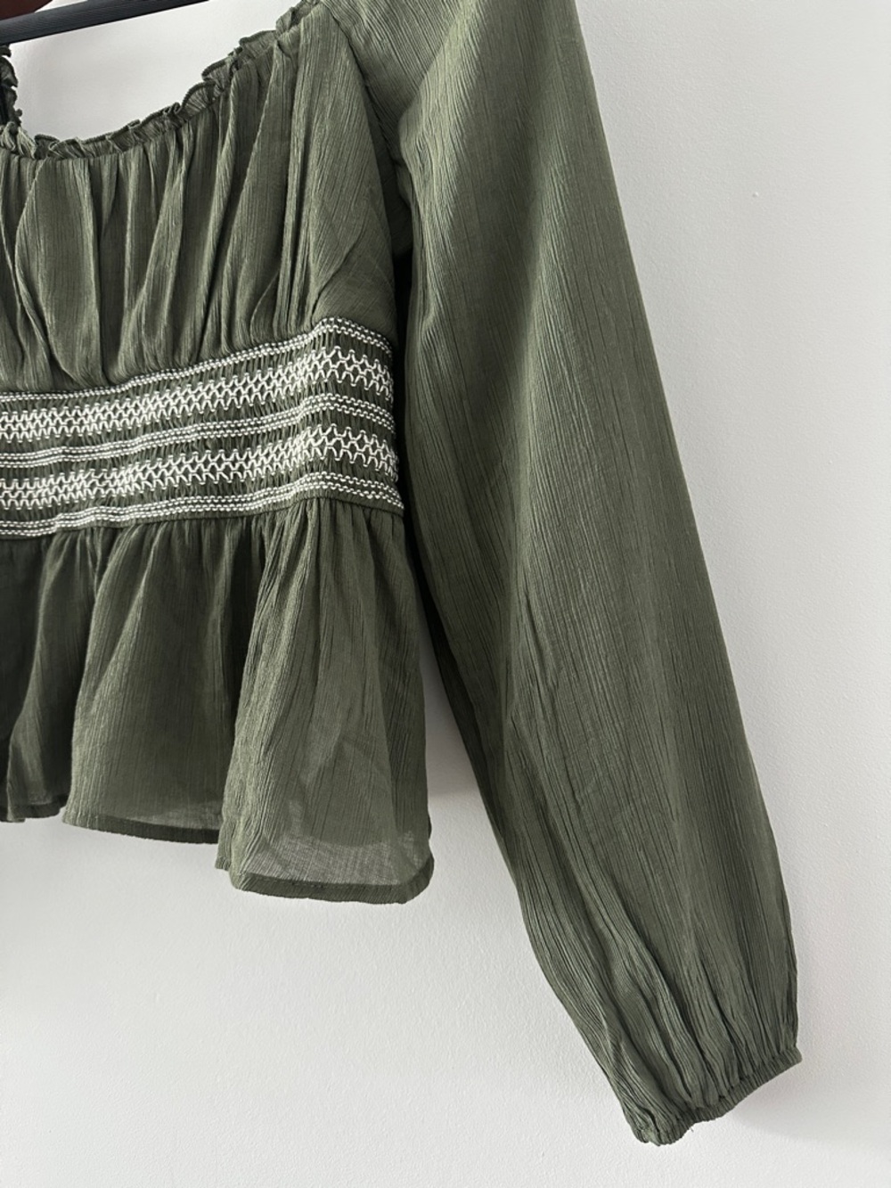 Francesca's Collections Olive Peasant Blouse with Smocked Waist - Picture 5 of 10